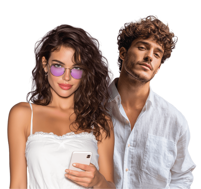 A young couple against a bright abstract background, the woman in the foreground holding a smartphone