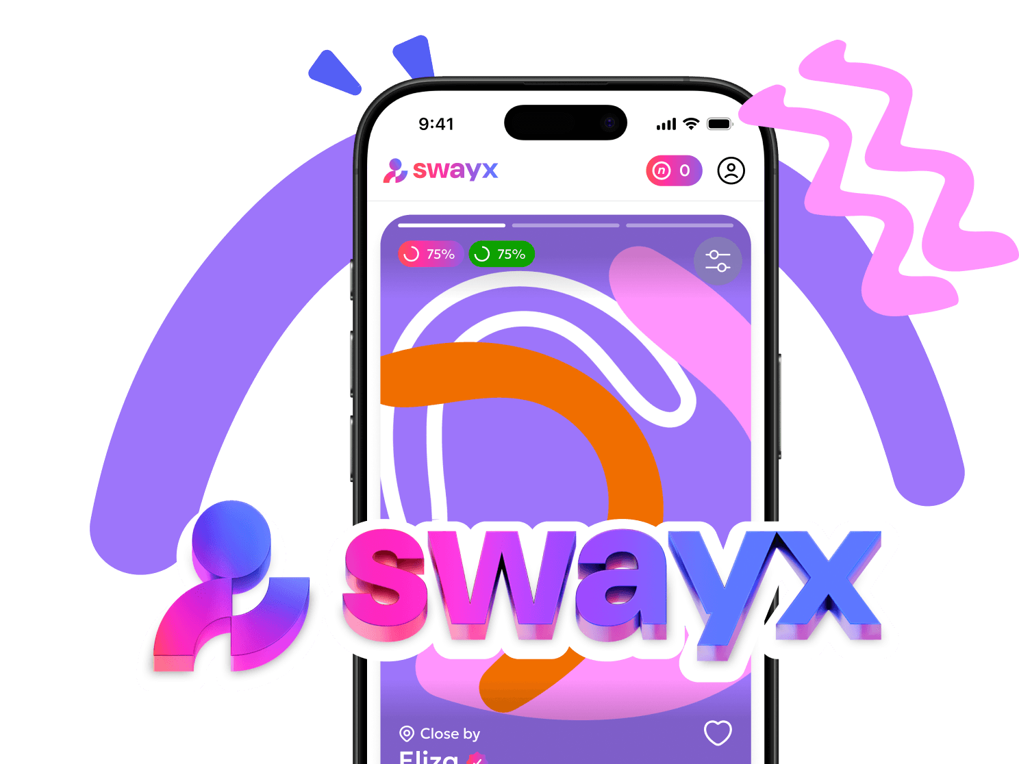 Image of the "Swayx" mobile app interface displaying user profiles and colorful graphic elements.