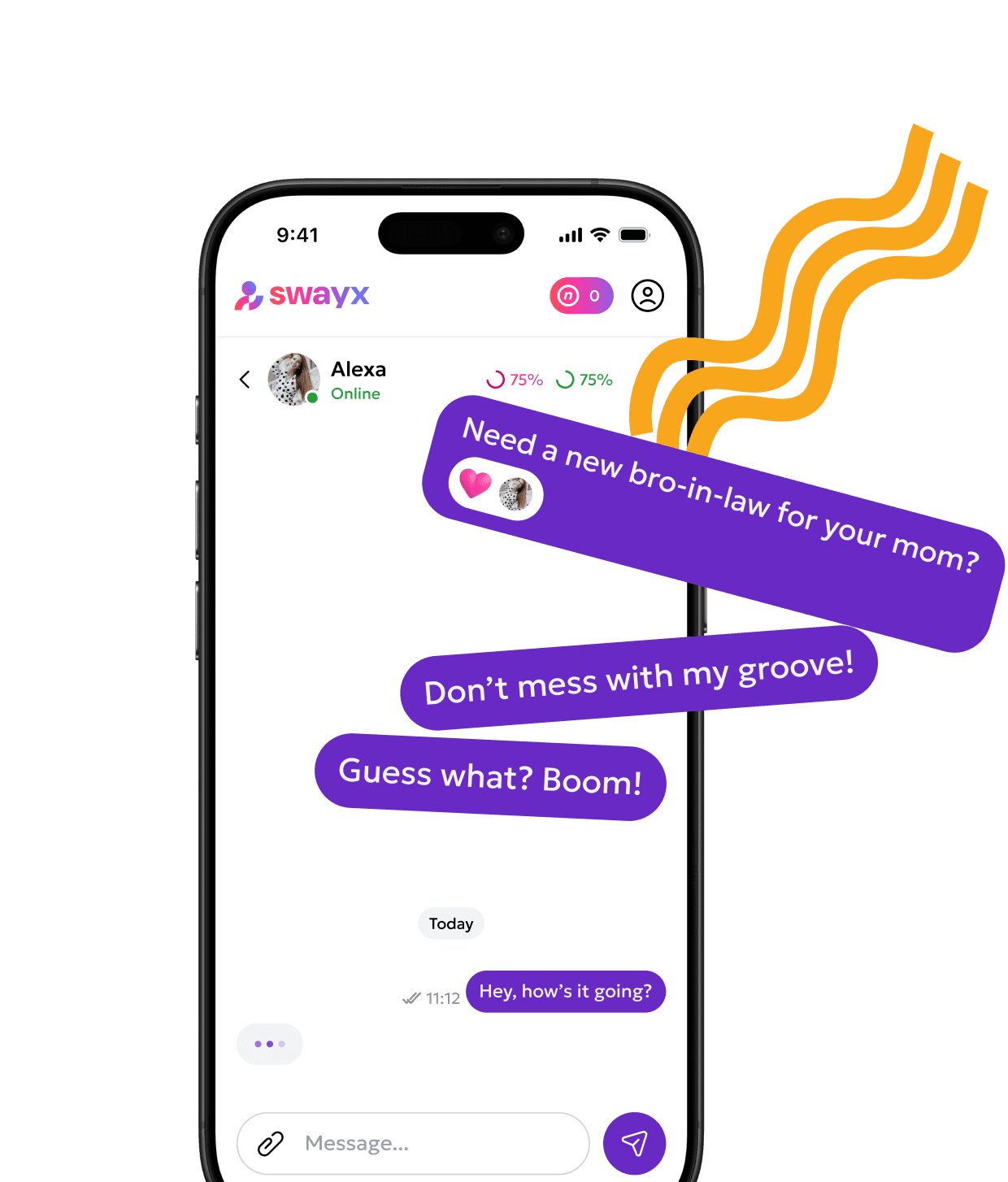 Image of a mobile-app screen showing a chat where the user is talking to another person. The screen shows messages with emojis and phrases, as well as the "Swayx" app logo.