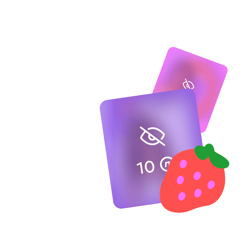 Blurry photos with a crossed-out eye icon and “10 N” text, with a strawberry graphic overlaid