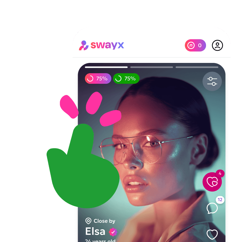 App interface with a user profile displaying age and compatibility information