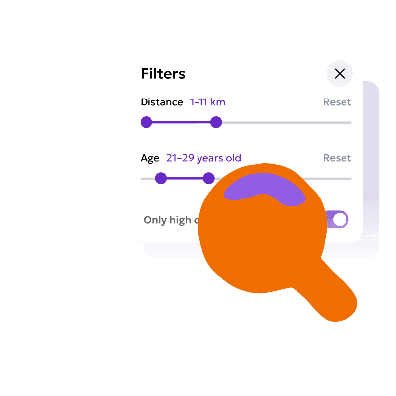 Filter interface with sliders to adjust distance and age
