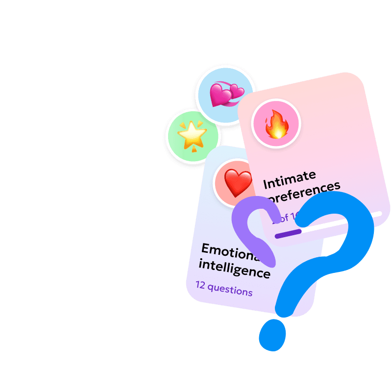 Test cards with emojis on a question-mark background representing topics of intimate preferences and emotional intelligence
